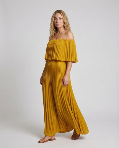 Damen Plissee Maxikleid Schulterfrei Volant