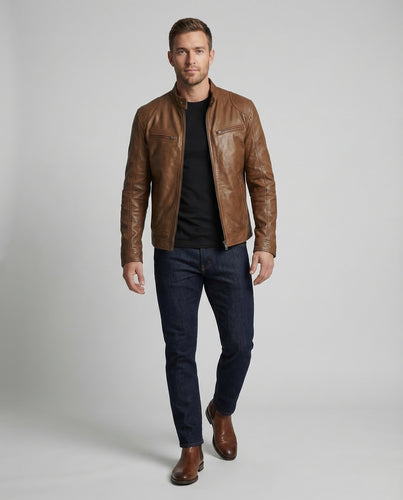Herren Leder Bikerjacke Stehkragen