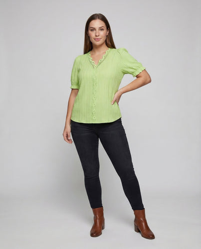 Damen Plissee Bluse Spitze Kurzarm
