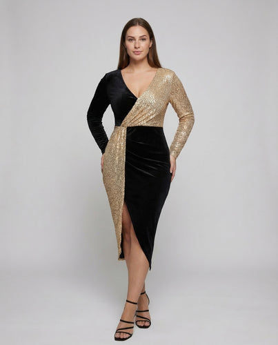 Damen Abendkleid Pailletten Wickeleffekt