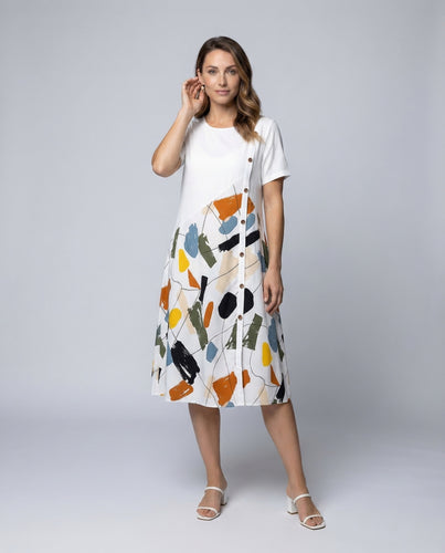 Damen Leinen Midi Kleid Print