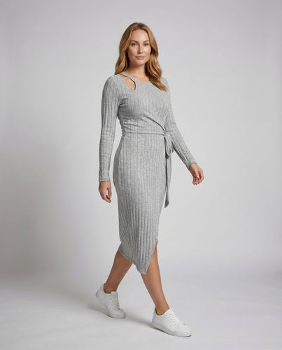 Damen Rippstrick Midikleid Wickeldetail Schlitz