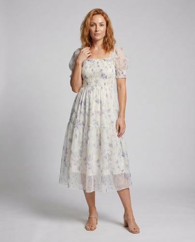 Damen Maxikleid Gesmokt Puffärmel