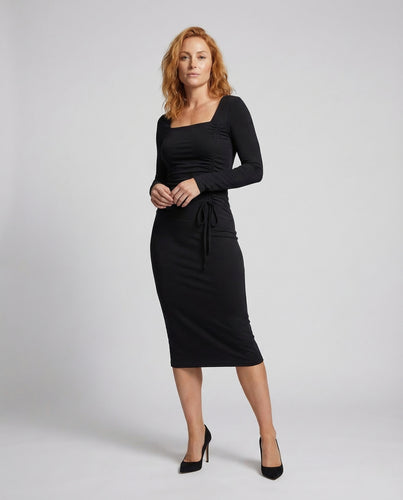 Damen Midikleid Eckiger Ausschnitt Raffung