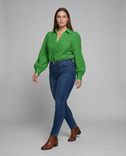 Damen Spitzenbluse Lochstickerei Ballonärmel