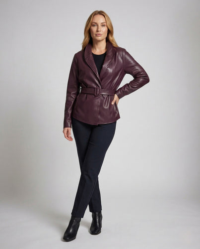 Damen Kunstlederjacke Stehkragen Gürtel