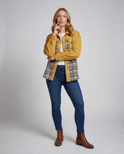 Damen Jeansjacke Oversize Karoeinsätze