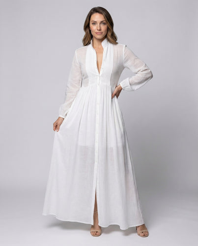 Damen Maxikleid Stehkragen Knopfleiste