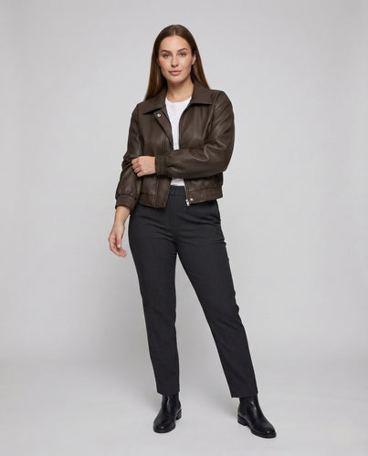 Damen Lederoptik Bomberjacke Ballonärmel