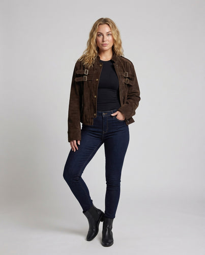 Damen Wildlederjacke Kurz Schnallen