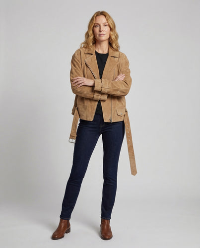 Damen Veloursleder Bikerjacke Gürtel