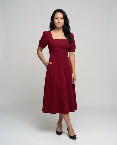 Damen Vintage Midikleid Puffärmel
