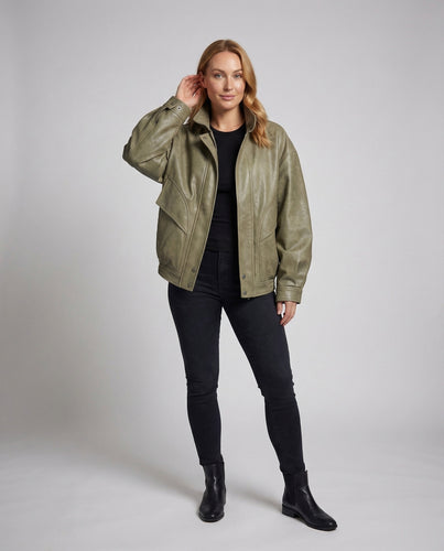 Damen Leder Bomberjacke Weit