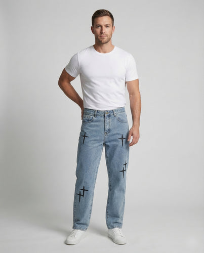 Unisex Baggy Jeans Kreuz Stickerei
