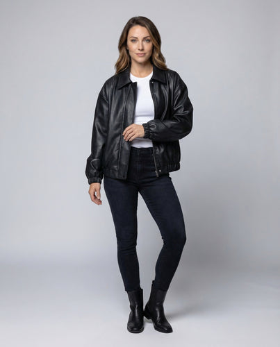 Damen Kunstleder Bomberjacke Oversize