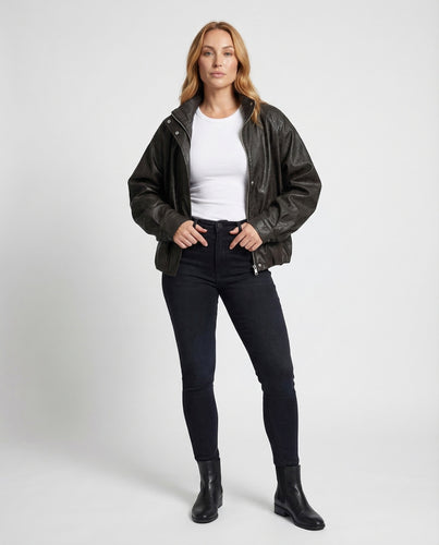 Damen Lederoptik Blouson Ballonärmel