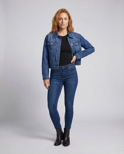 Damen Jeansjacke Tailliert Strass