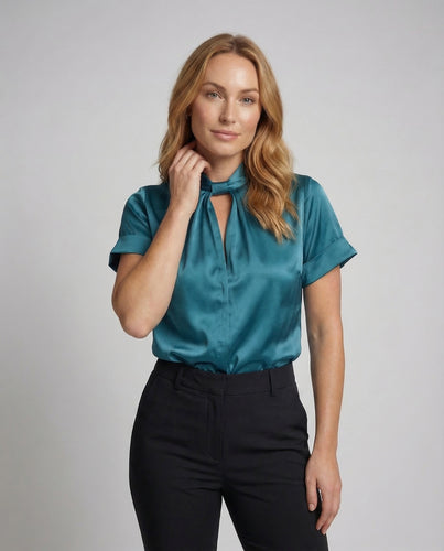 Damen Satinbluse Stehkragen