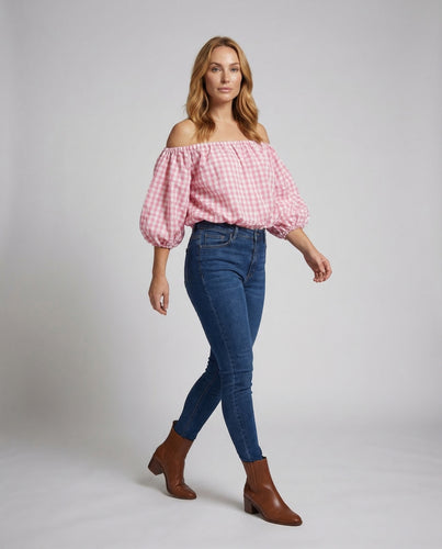 Damen Off Shoulder Bluse Karo