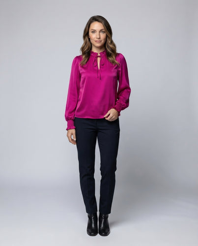 Damen Satinbluse Stehkragen Raffung