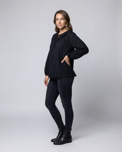 Damen Lochstickerei Bluse Volant