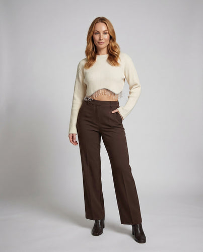 Damen Ripp Crop Top Perlen