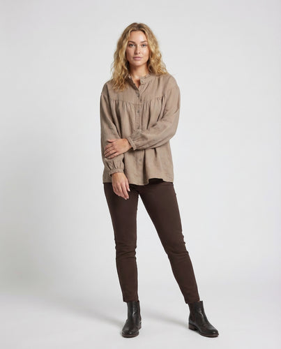 Damen Vintage Leinenbluse Volantstehkragen