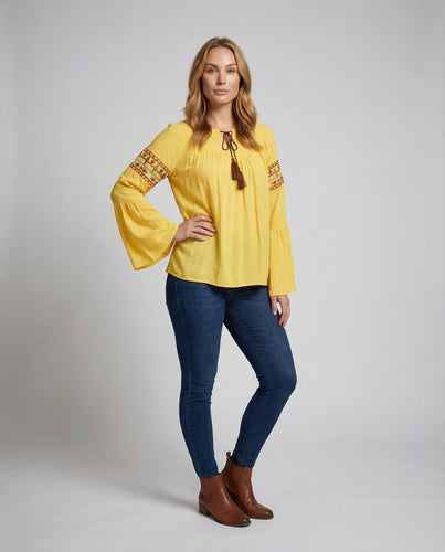 Damen Bestickte Boho-Bluse Trompetenärmel