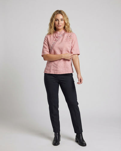 Damen Chinoiserie-Leinenbluse Stehkragen