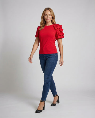 Damen Kurzarmshirt Volant-Schulter Rundhals