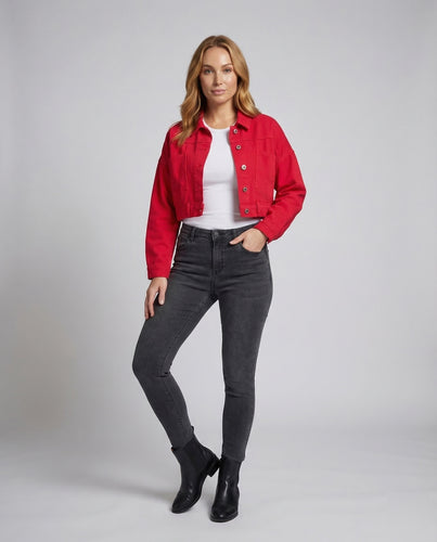 Damen Kurze Jeansjacke Knopfverschluss