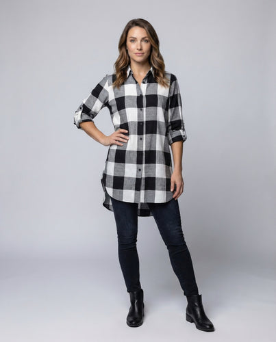 Damen Kariertes Hemdblusenkleid Lang