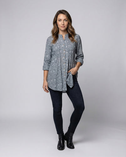Damen Lange Tunika-Bluse Mandarin-Kragen
