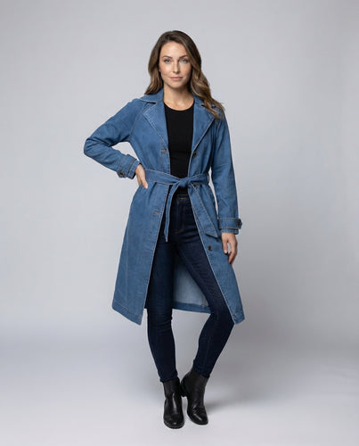 Damen Langer Jeans-Trenchcoat Taillengürtel
