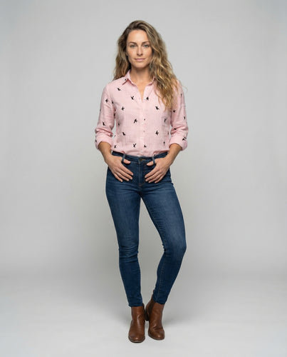 Damen Musselin-Bluse Rüschenkragen Vogel-Print