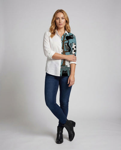 Damen Leinen-Hemdbluse Katzenprint-Panel