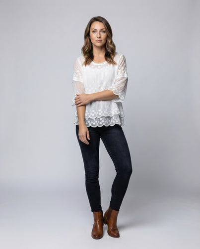 Damen Spitzenbluse Knitteroptik Stickkante