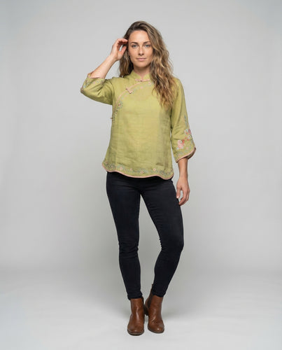Damen Mandarin-Hemd Florale Stickerei