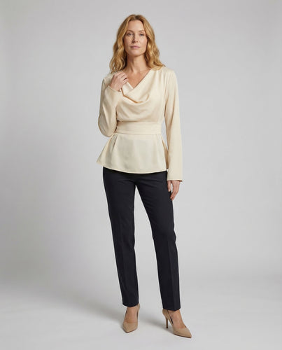 Damen Satinbluse Wasserfallkragen Glockenärmel