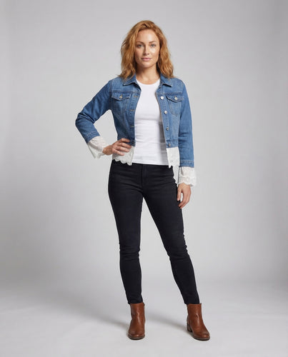 Damen Kurze Jeansjacke Lochstickerei