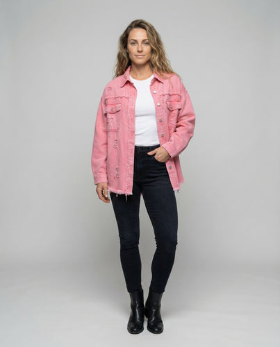 Damen Lange Jeanshemdjacke Used-Look