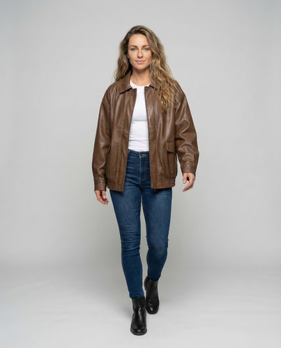 Damen Lederoptik-Bomberjacke Hemdkragen