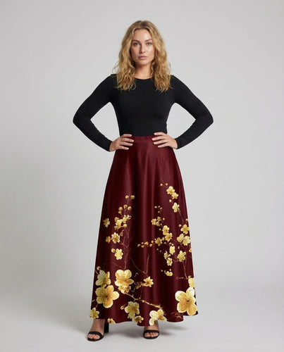 Damen Floraler Satin-Maxirock A-Linie