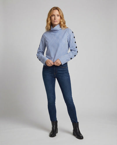 Damen Oversize-Bluse Stehkragen Zierknöpfe