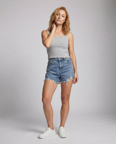 Damen Kurzes Ripp-Top Welliger Saum