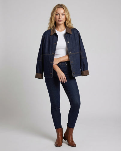 Damen Oversized Jeansjacke Velourskragen