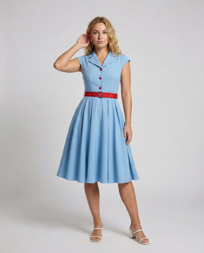 Damen Retro-Swingkleid Reverskragen Gürtel