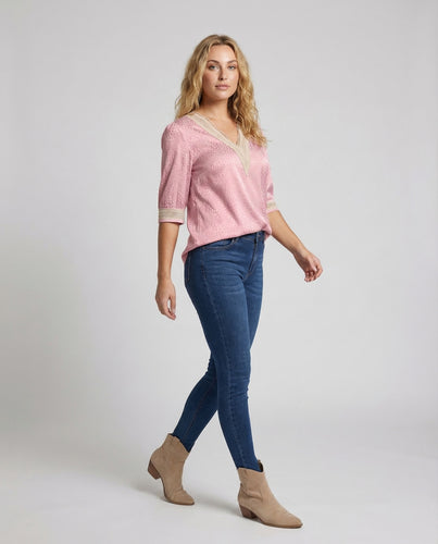 Damen Satin-Bluse V-Ausschnitt Spitze