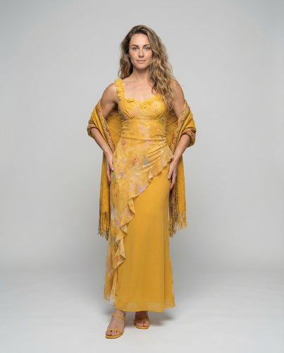 Damen Tailliertes Abendkleid Fransenstola