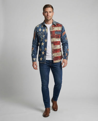 Herren Jeanshemd Flaggenmotiv Slim-Fit